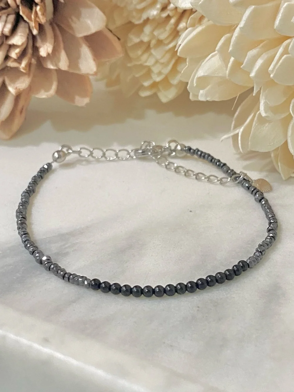 Dainty Chain Bracelet, Tiny Hematite & Onyx beads, 18k Gold Filled Chain